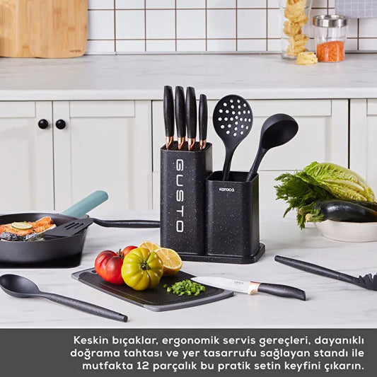 Karaca Gusto Siyah 12 Parça Bıçak Servis Kesme Tahtası Seti
