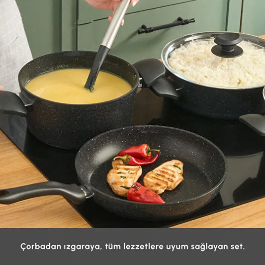 Karaca Biogranit Defne V2 7 Parça Tencere Seti ve Tava Siyah
