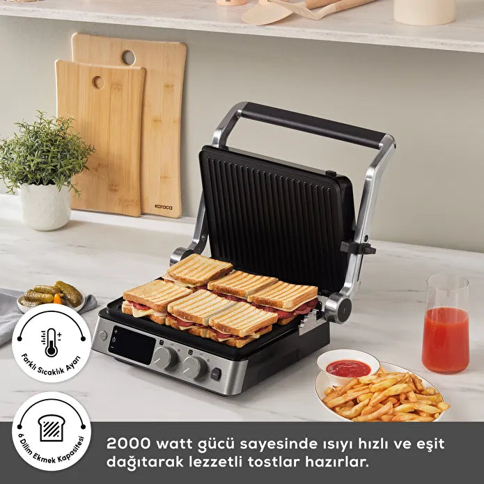 Karaca Compact Steel Sear and Grill Inox 2008 Döküm Izgara ve Tost Makinesi 6 Dilim Kapasiteli