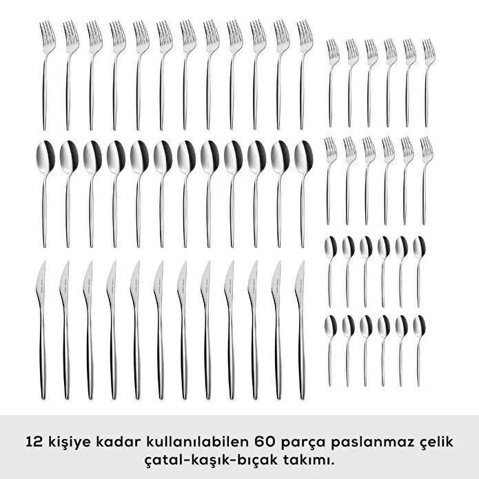 Karaca Lizbon Platin 12 Kişilik 60 Parça Çatal Kaşık Bıçak Takımı