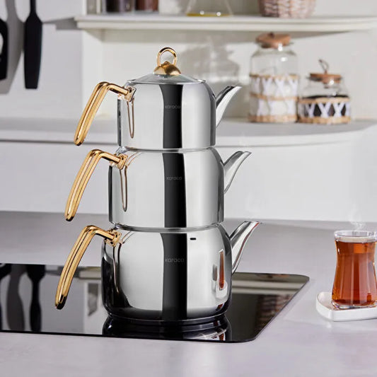 Karaca Tres İndüksiyon Tabanlı 3lü Çaydanlık Takımı Gold