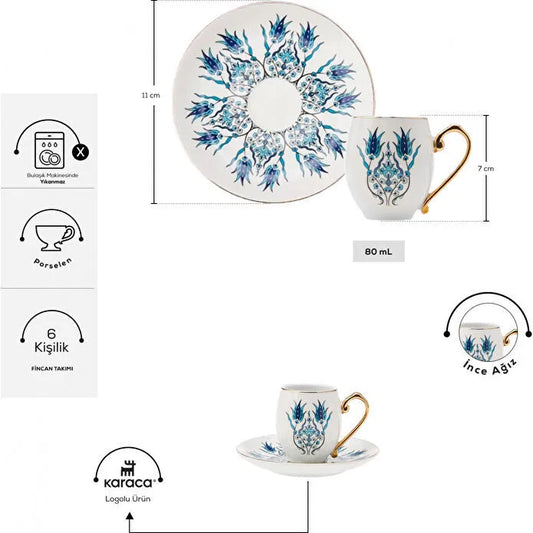 Karaca İznik 6 Kişilik Kahve Fincan Takımı 80 ml